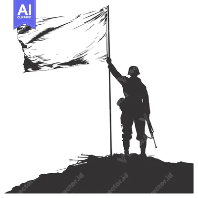 Silhouette of a Soldier Raising a White Flag on a Hilltop