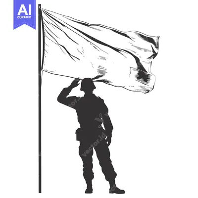 Silhouette of a Soldier Saluting a Flagpole with a Blank Flag