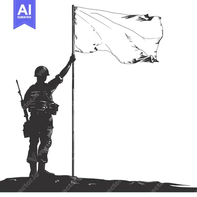 Aset desain premium: Silhouetted Soldier Raising a White Flag of Surrender