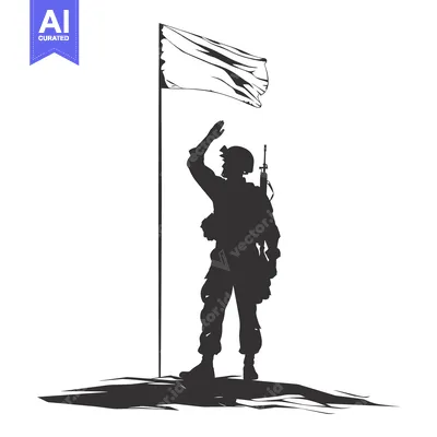 Silhouette of a Soldier Saluting a White Flag on a Hilltop