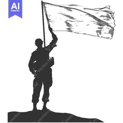 Silhouette of a Soldier Raising a Flag on a Hilltop
