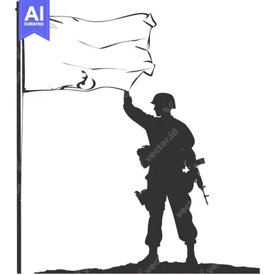 Aset desain premium: Silhouette of a Soldier Raising a White Flag