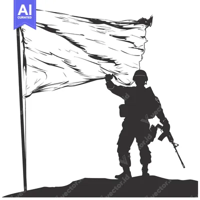 Aset desain premium: Silhouette of a Soldier Holding a Flagpole with a Blank Flag
