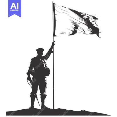 Aset desain premium: Silhouette of a Soldier Raising a Torn Flag