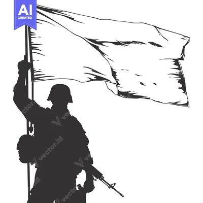 Silhouetted Soldier Raising a Blank Flag with Rifle