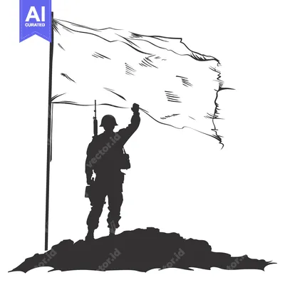 Silhouette of a Soldier Raising a Flag on a Hilltop