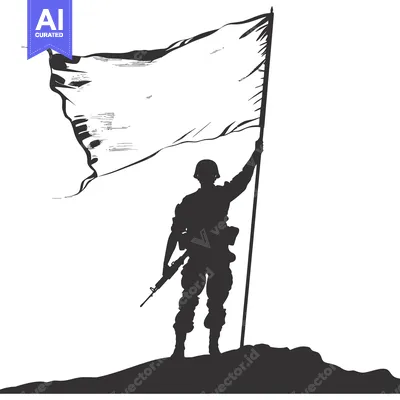 Silhouette of a Soldier Raising a White Flag on a Hilltop