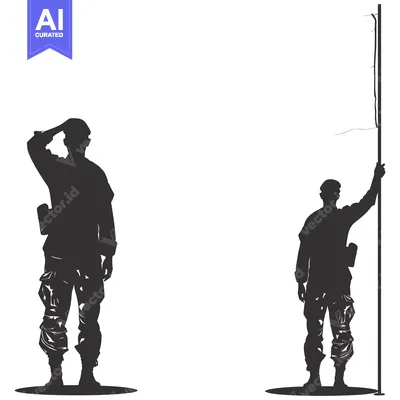 Two Silhouettes of Soldiers, One Saluting, the Other Holding a Flagpol