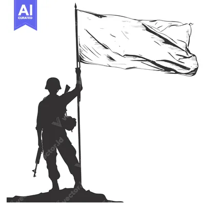 Aset premium populer: Silhouette of a Soldier Holding a Flag and a Rifle