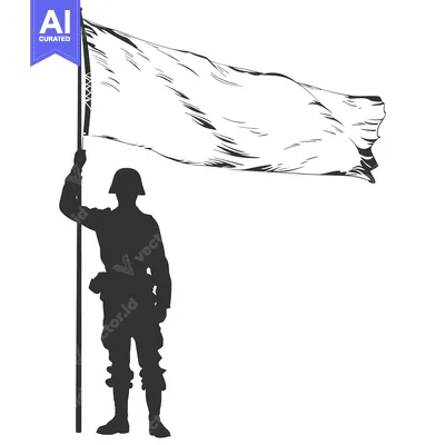 Silhouette of a soldier holding a flagpole with a blank white flag wav