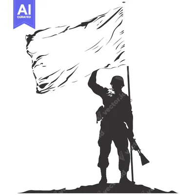 Silhouette of a Soldier Raising a Flag on a Hilltop