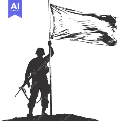 Silhouette of a soldier raising a flag on a hilltop