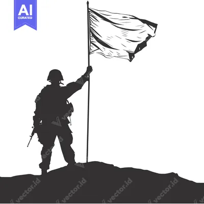 Silhouette of a Soldier Holding a Flag on a Hilltop