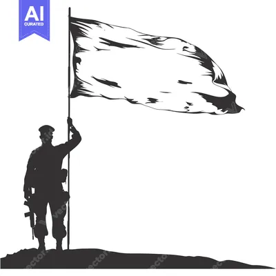 Silhouette of a soldier raising a blank flag on a hilltop