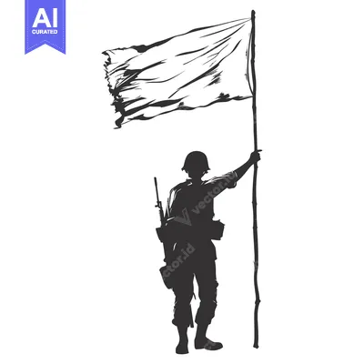 Aset desain premium: Soldier Silhouette Holding a White Flag and a Rifle