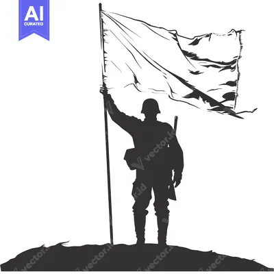 Silhouette of a Soldier Holding a Flag on a Hilltop