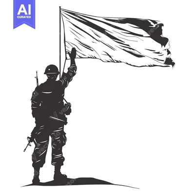 Aset desain premium: Silhouette of a Soldier Raising a Torn Flag