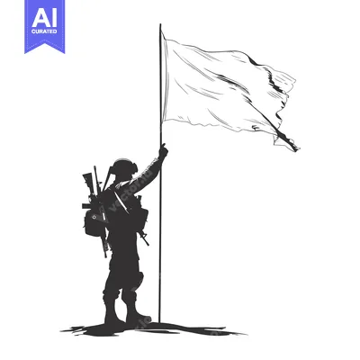 Aset desain premium: Silhouette of a soldier raising a white flag