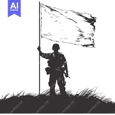 Aset desain premium: A Silhouetted Soldier Holding a Blank White Flag