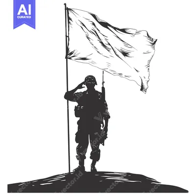 Silhouette of a Soldier Saluting a Waving Flag on a Hilltop