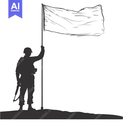 Silhouette of a Soldier Raising a Blank Flag on a Hilltop