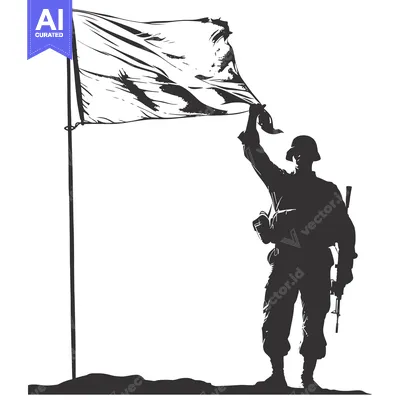 Silhouette of a Soldier Raising a Flag on a Pole