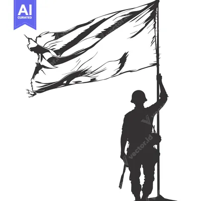 Silhouette of a Soldier Holding a Flagpole with a Waving Flag