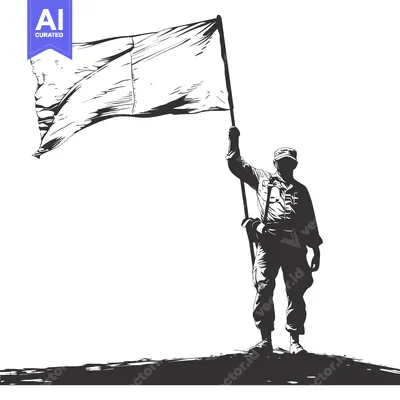 A Silhouette of a Soldier Holding a Flag High in the Air