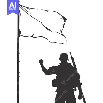 Silhouette of a Soldier Raising a Flag with a Gun