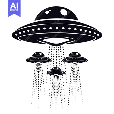 Three Black and White Silhouettes of Flying Saucers with Dots