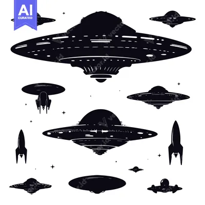 Silhouettes of Flying Saucers and Spacecrafts in Outer Space