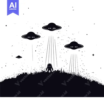 A lone astronaut standing on a grassy hill with multiple flying saucer