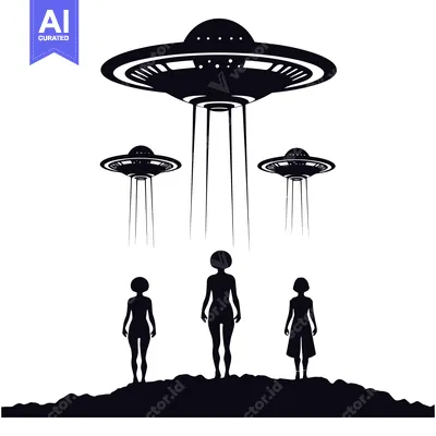 Three Silhouettes of Aliens Standing Before Their Spaceship