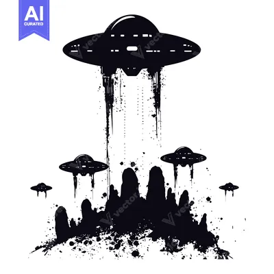 Aset premium populer: Silhouette of multiple UFOs with splatter effect