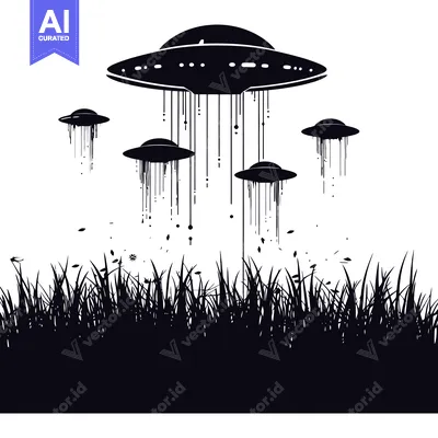 Five UFOs Hovering Over Tall Grass with Dripping Black Liquid