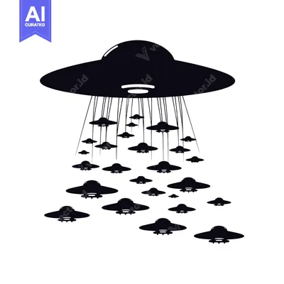 Silhouettes of flying saucers, a large one on top and many smaller one
