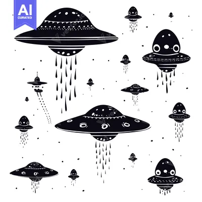 Popular premium asset: A Black and White Illustration of Numerous Flying Saucers in Space