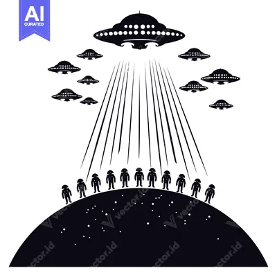 Aset desain premium: A fleet of unidentified flying objects beaming down a group of aliens