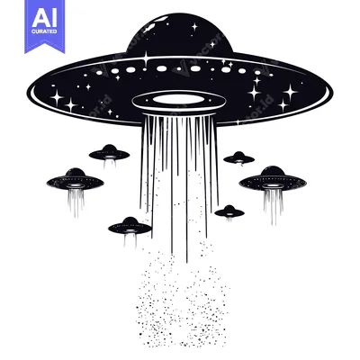 A Fleet of Flying Saucers with Stars and a Beam of Light