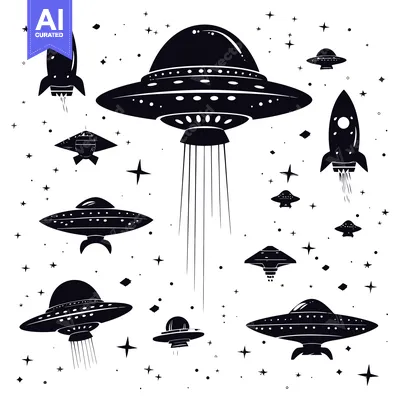 Black Silhouettes of Flying Saucers and Rockets in a Starry Sky