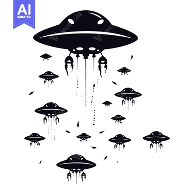 A fleet of UFOs in formation, descending from the sky