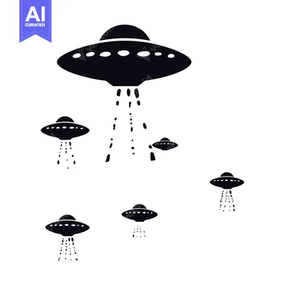 Five Black Silhouettes of Flying Saucers with Droplets Descending