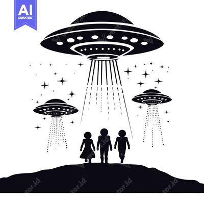 Aset desain premium: Three Silhouettes Standing Beneath a Hovering UFO and Stars