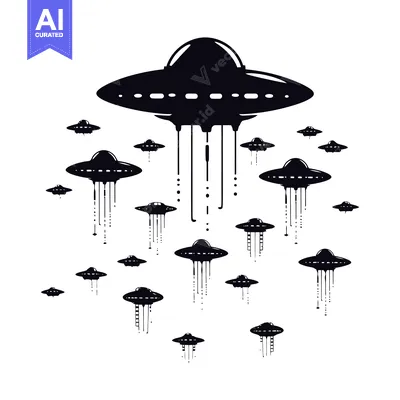 Aset premium populer: A Flock of Silhouetted UFOs Descending Towards Earth