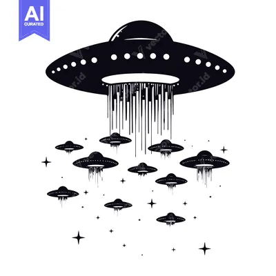 A Black and White Illustration of Multiple UFOs and Stars