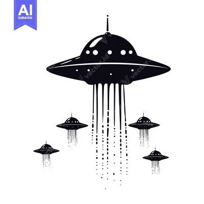 Aset desain premium: Five Silhouette UFOs with One Beam of Light Streaming Downwards