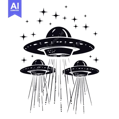 Three Silhouetted UFOs with Beams of Light Against a Starry Background