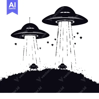 Aset desain premium: Two UFOs Hovering Over a Dark Landscape with Alien Creatures