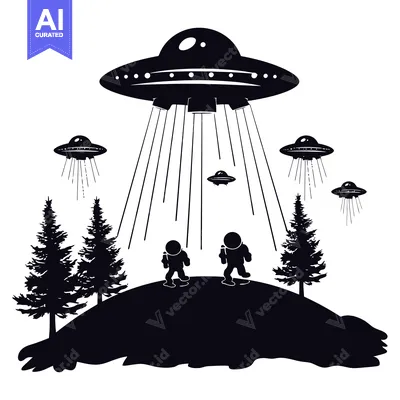 Aset premium populer: Silhouette of UFOs Over a Forest With Two Astronauts Standing Below
