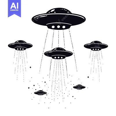 Five Silhouettes of Flying Saucers with Dotted Beams in a White Backgr